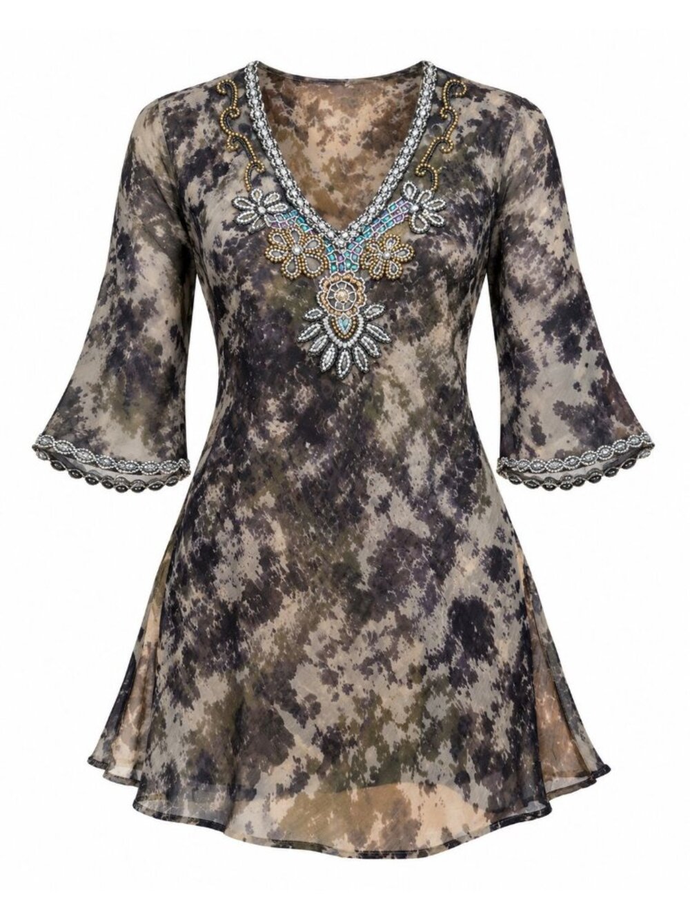 Sheer Embellished Tunic Dress Beaded Pattern Scoop Neck Lightweight Brown Purple